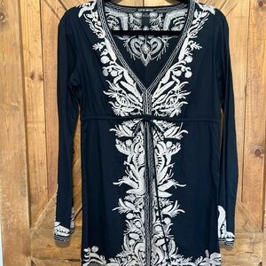 Lucky Brand Black & Tan Embroidered Top Empire Waist with Slightly Flared Sleeve